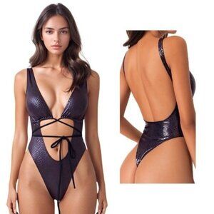 🆕Small Black Metallic Snakeskin Monokini Backless Brazilian High Cut Swim NWOT